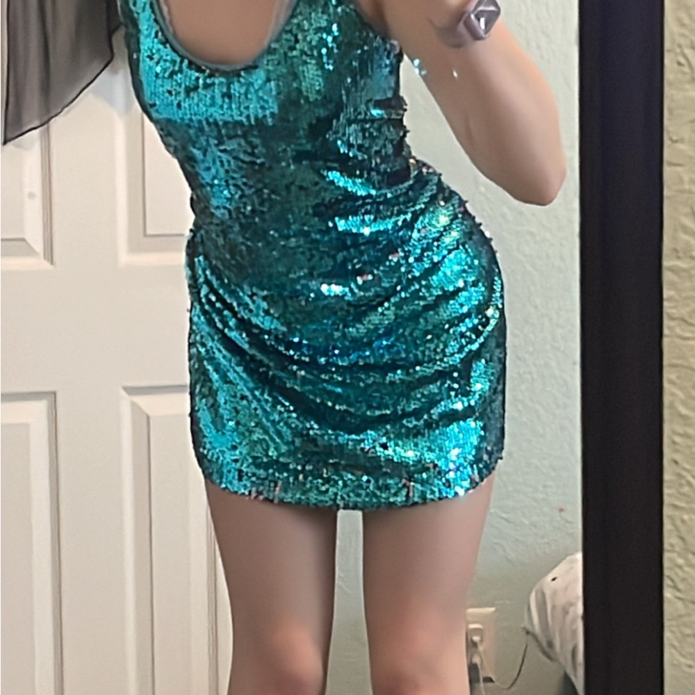 70s Green and Blue Mini Sequin Dress
